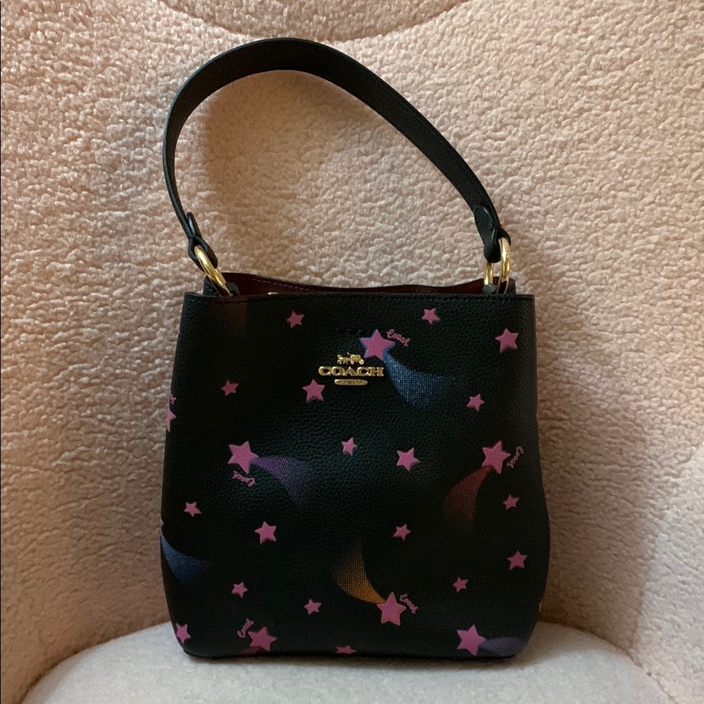 Coach Black Leather Shoulder Bag with Pink Star and Multicolor Comet Accents